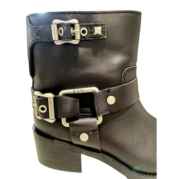 Ash Black Leather Texas Square Biker Boots Size 38 US 8 NEW - Picture 2 of 9